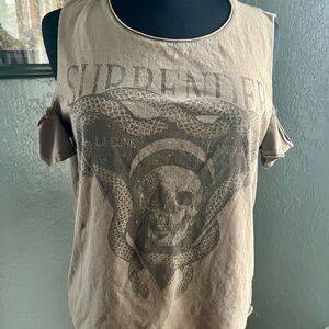 Open Shoulder Surrender Brown Graphic Cut-Out T-Shirt Gothic Rocker Chic